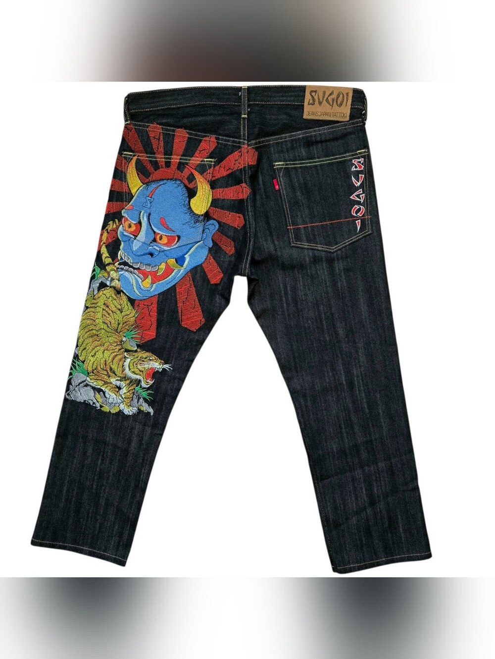 Rare Vintage Sugoi Jeans Mens Size 34x28 Dark Blue Tiger Oni Mask Y2K